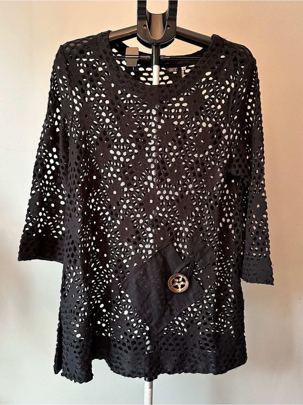 Kaktus Black Open Knit Crochet Tunic Top XL